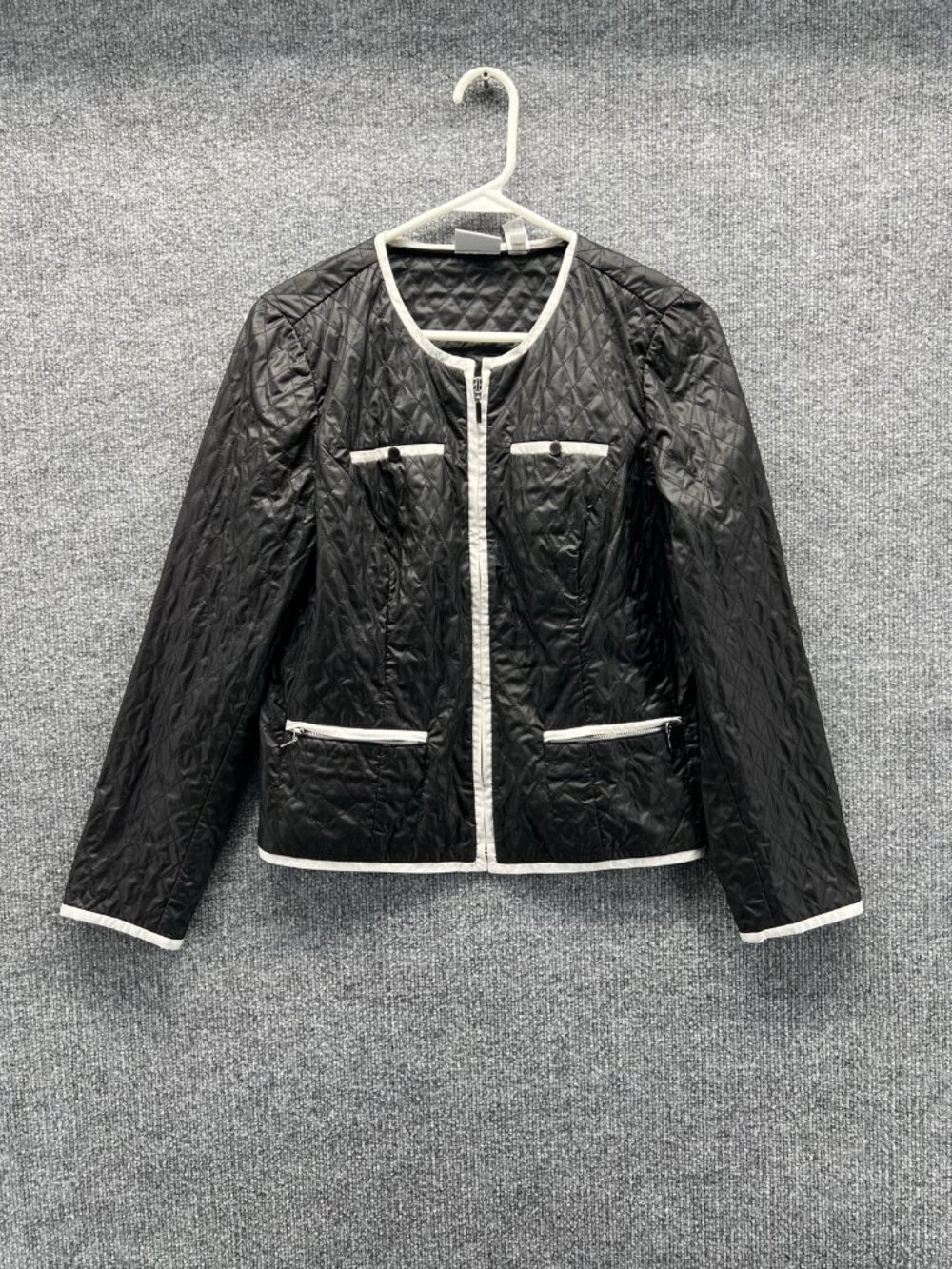 Zenergy By Chico's Jacket Women 0 Black Quilted Collarless Full Zip Pockets